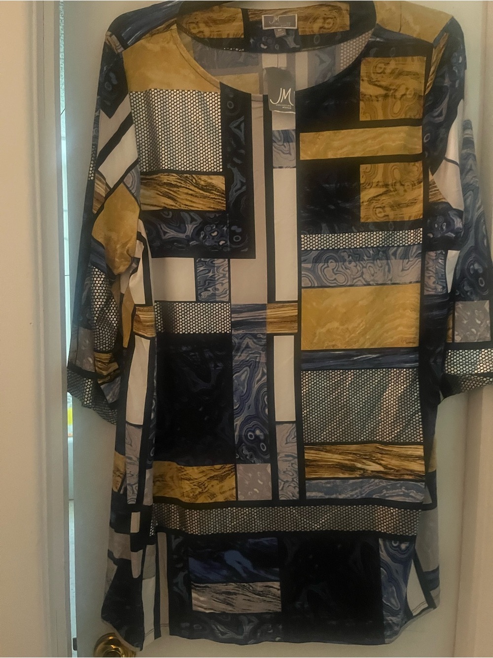 JM Collection Geometric Block Print Tunic in Mustard, Navy and White